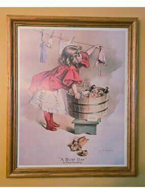 Large 22"  "A Busy Day" Print By Maud Humphrey With Oak Frame Laundry Room Decor